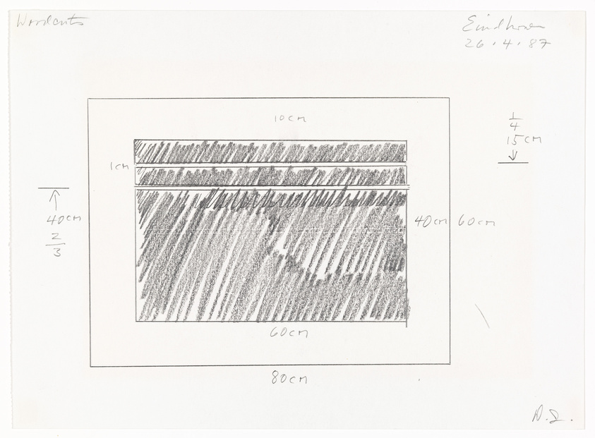 Hand-drawn sketch of a striped pattern with annotations indicating dimensions, such as 40 cm, 60 cm, and 80 cm, suggesting a design or architectural plan. The drawing includes handwritten notes and measurements, with the date "26.4.87" and the word "Wandteppich" (wall carpet) written on the top left corner, indicating the sketch may be related to a textile or interior design concept from April 26, 1987.