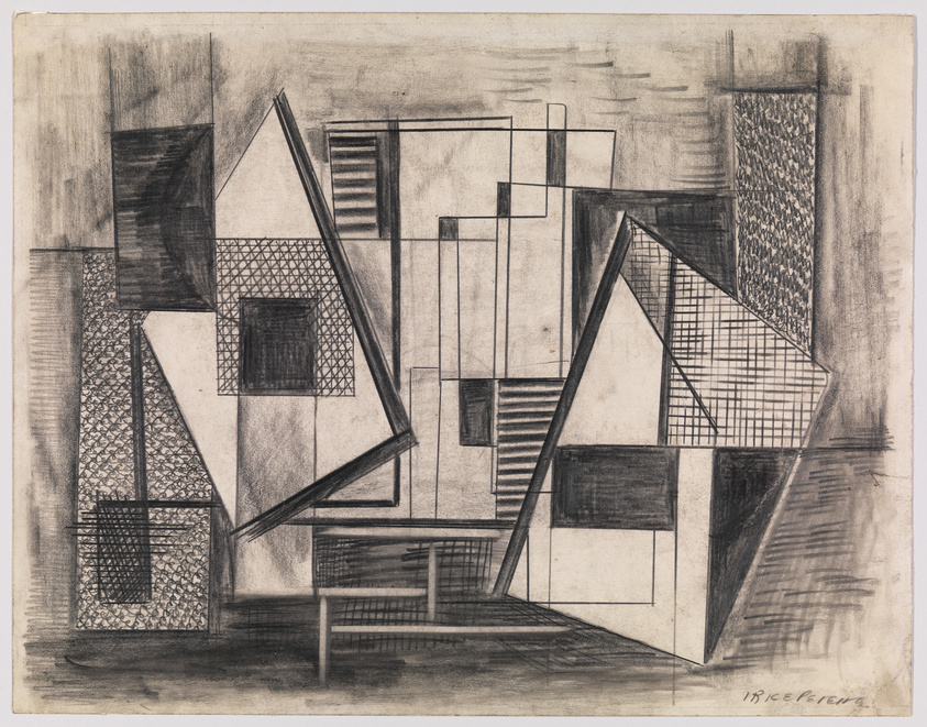 A pencil drawing of an abstract architectural composition with overlapping geometric shapes, including grids, patterns, and shaded planes. The artwork features a variety of textures and is signed by the artist in the lower right corner.