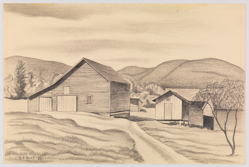 Pencil drawing of a rural landscape featuring a large barn with adjacent outbuildings, a dirt road in the foreground, and rolling hills in the background. The scene is detailed with textures indicating grass in the fields and foliage on trees, with a soft sky above. There's a signature and date in the lower left corner reading "W. Nutting, C. Aug '33."