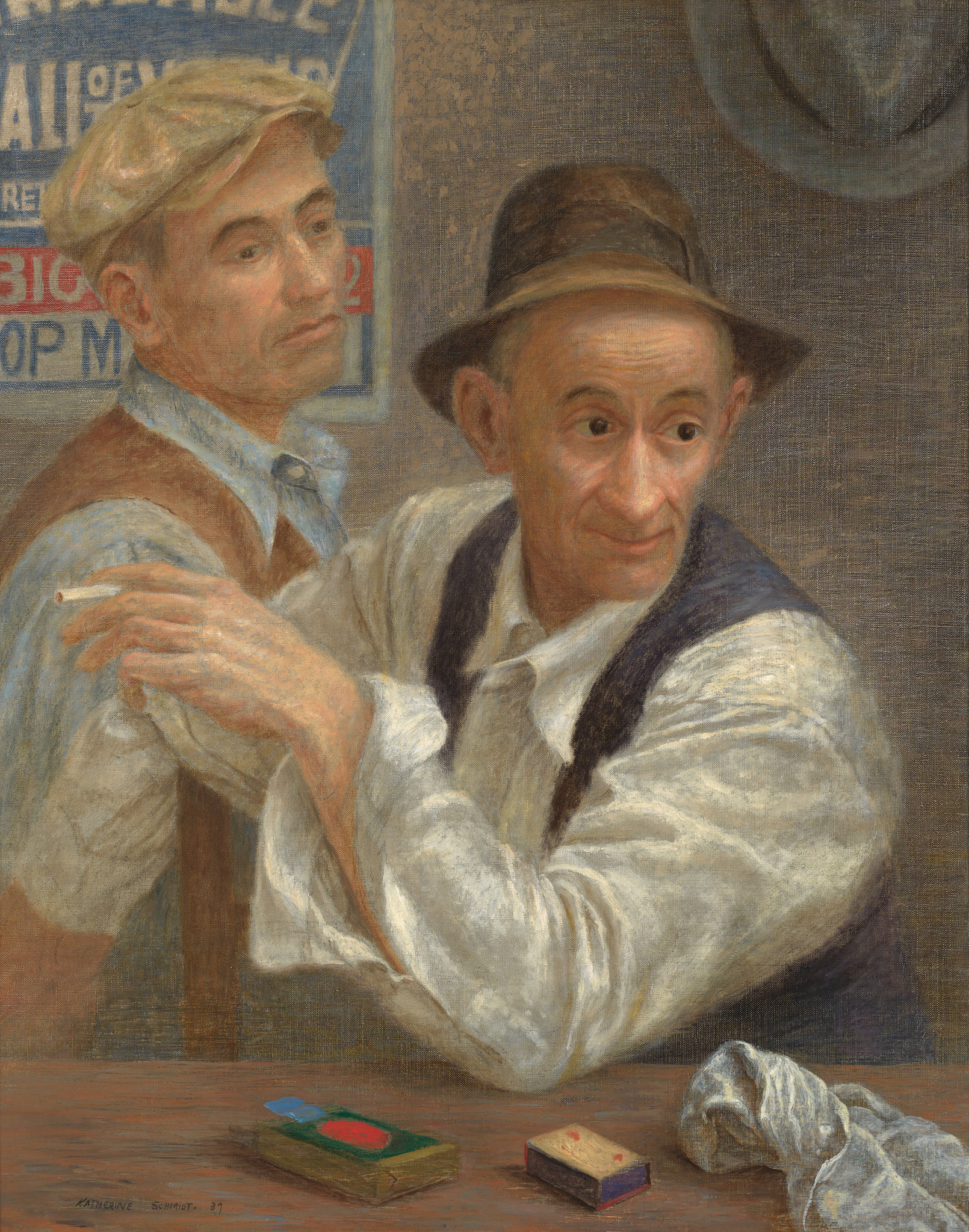 Oil painting depicting two men in early 20th-century attire, one standing in front with a white shirt and suspenders, looking to the side with a slight smile, and the other behind him wearing a blue shirt and a newsboy cap, looking off into the distance. They are in front of a wall with a partially visible advertisement poster, and on the wooden table in front of them are a green book, a red and blue matchbox, and a crumpled white cloth. The painting is signed "Marjorie Organ Henri '27" in the lower left corner.