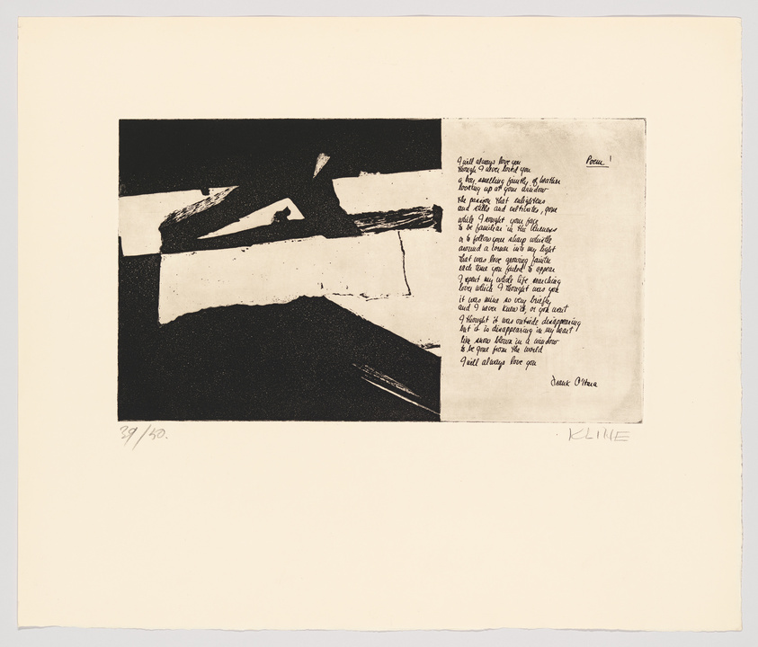 A black and white abstract print with a large dark area on the left and a lighter area with text on the right. The text appears to be a poem, and there are signatures at the bottom right and numbering at the bottom left indicating it's a limited edition print.