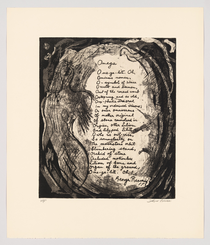 This is a black and white etching featuring abstract forms and textures with a poem written in English on the right side. The poem starts with the word "Omega" and is signed at the bottom with the name "Ben Shahn." The artwork has a dark, swirling composition that frames the text, creating a sense of movement around the words. The print is numbered 31/30 at the bottom left corner, indicating its place in a limited edition series.