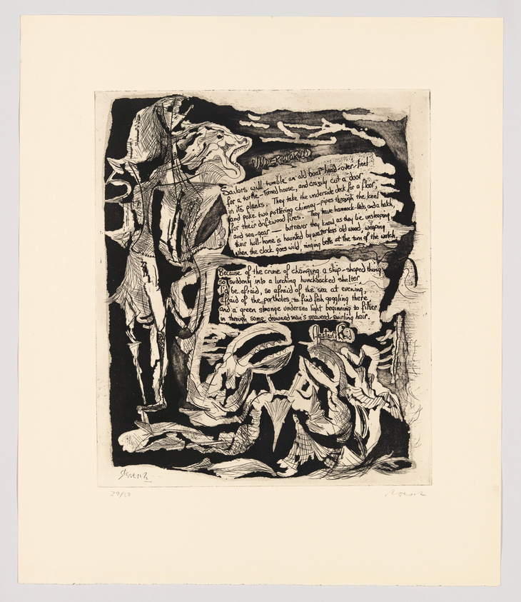 This is a black and white print featuring an abstract composition with text elements intertwined with the imagery. The central figure appears to be a horse or similar creature, with bold, expressive lines defining its form. Surrounding the figure are what seem to be waves or clouds, and blocks of handwritten text that fill the background and some of the foreground. The print is numbered and signed by the artist in the lower margin, indicating it's part of a limited series.