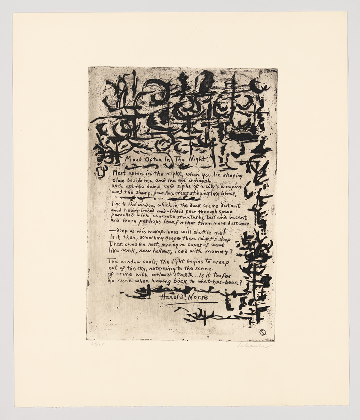 A print featuring a block of text with a decorative, abstract border. The text appears to be a poem or prose, with the title "Most Often In The Night" at the top. The print is numbered at the bottom left corner and signed by the artist at the bottom right. The background is off-white, and the text block has a rough, textured appearance.