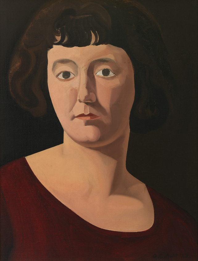 Portrait of a woman with a solemn expression, wearing a red dress, against a dark background, painted in a realistic style.