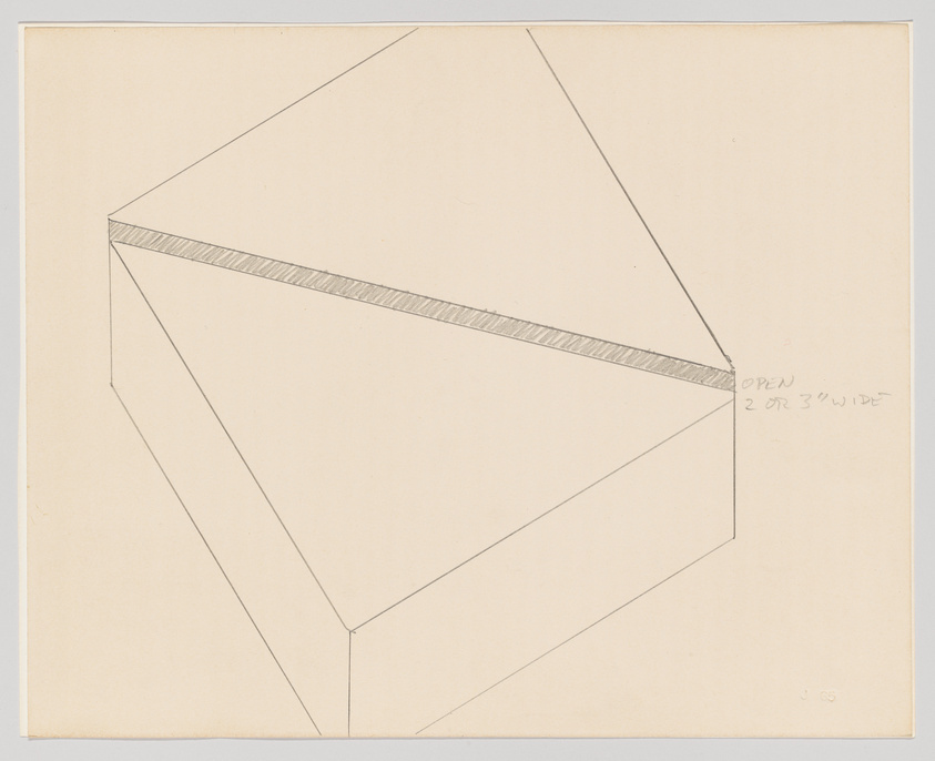 A pencil drawing of a three-dimensional box on a beige paper. The box is drawn in perspective with one corner facing the viewer and the top edge appearing to be open or hinged. Handwritten text near the open edge reads "OPEN 2 OR 3" WIDE." The drawing has a minimalist style with clean lines and shading to suggest depth.