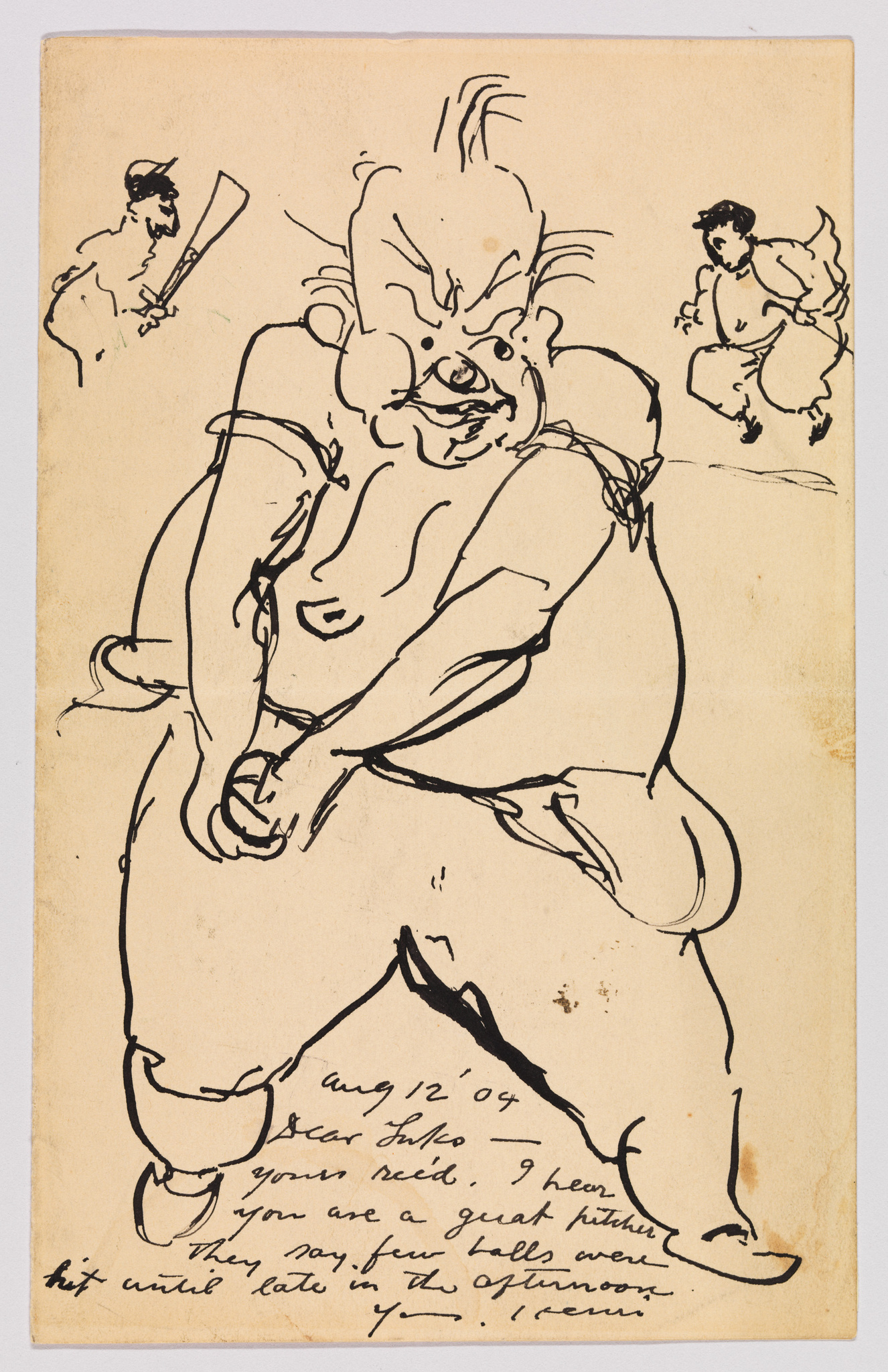 A vintage illustration featuring a caricature of a baseball player with exaggerated features sitting in the foreground, with two smaller figures of baseball players in action poses in the background. The paper appears aged with handwritten text at the bottom dated "Aug 12 '04" and a message that starts with "Dear Sir" complimenting the recipient's pitching skills. The drawing is done in a loose, expressive style with bold ink lines.