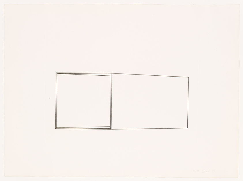 A minimalist drawing featuring two connected rectangles with thin black outlines on a white background, the left rectangle being smaller than the right one. There is a signature and date at the bottom right corner.