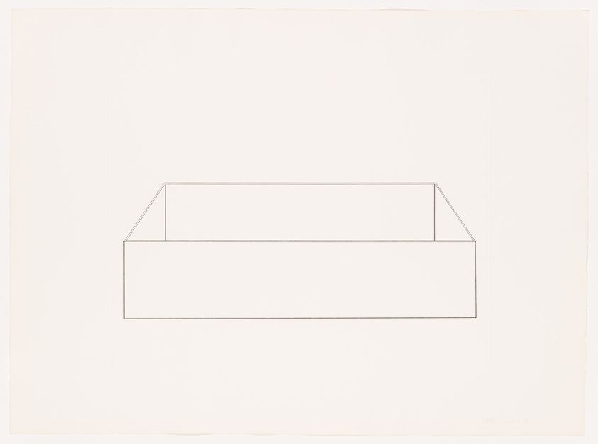 A minimalist line drawing of a rectangular box on a white background, with the artist's signature and the year '87 in the lower right corner.