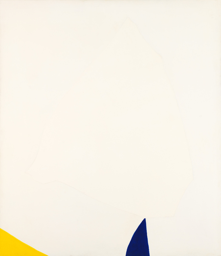 A minimalist abstract painting featuring a large, irregular white shape dominating the canvas against a plain background with a small blue triangle at the bottom right corner and a yellow curved shape at the bottom left.