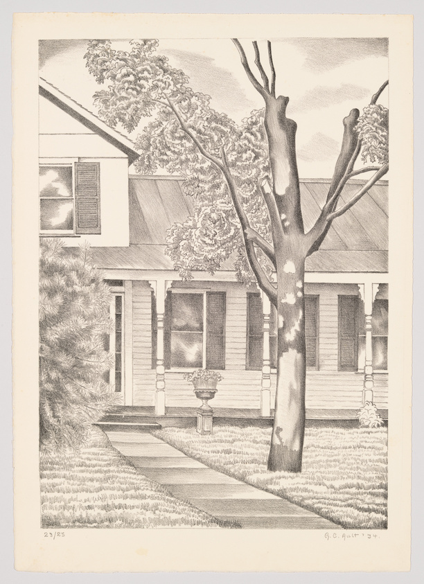 A detailed pencil drawing of a quaint house with a front porch, flanked by a lush tree on the left and a leafless tree on the right. The house has two visible windows reflecting the sunlight, and there's a checkered pathway leading to the front steps. A small birdbath is situated on the lawn to the right of the path. The artwork is signed and numbered at the bottom.