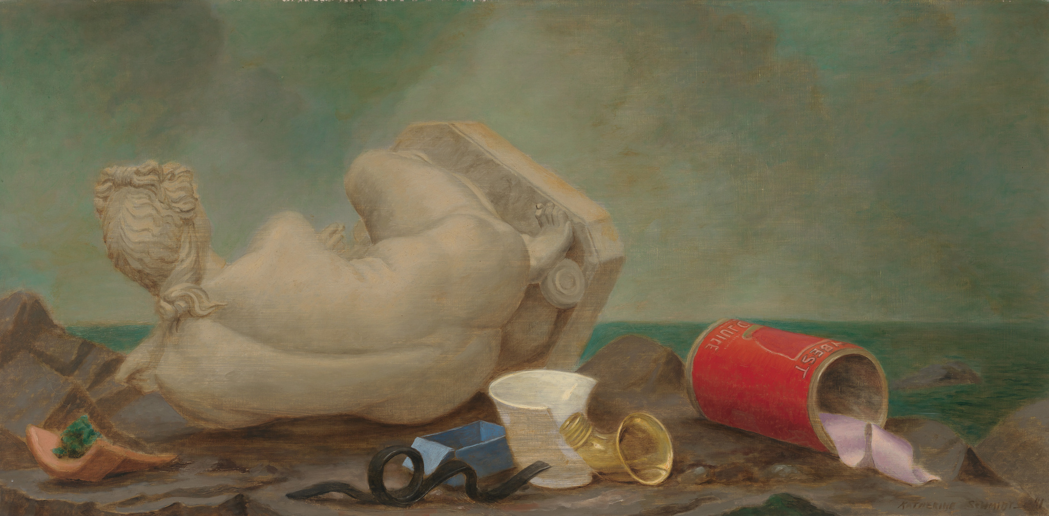 A surreal painting depicting a classical sculpture of a reclining figure with its head missing, lying beside a toppled Greek column on a rocky shore. Scattered around are modern trash items, including a crushed blue cup, a gold trophy, a black tire, and a red gasoline can with the word "GASOLINE" inverted. The sea and sky in the background blend in muted greenish hues. The artist's signature, "Katherine Schmidt," is visible in the lower right corner.