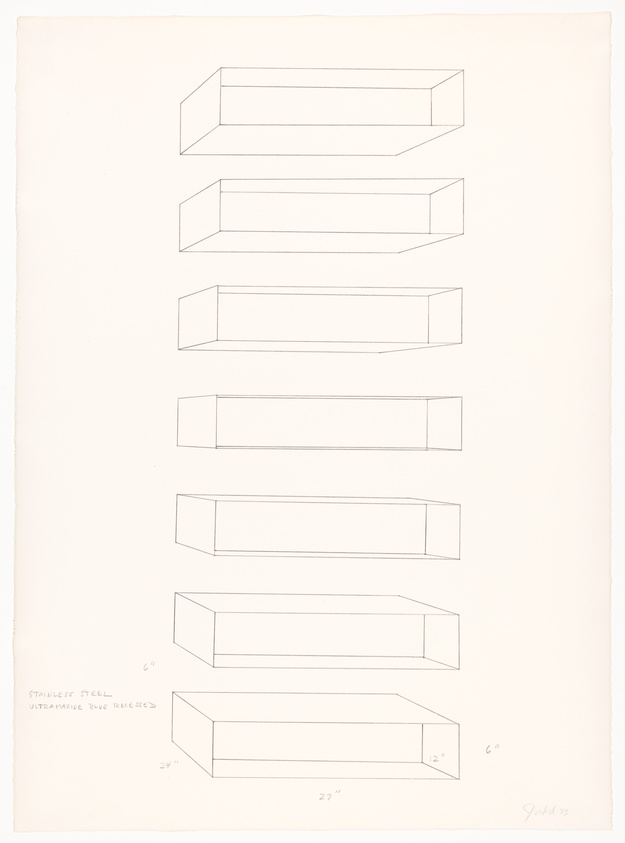 A series of eight linear, three-dimensional rectangular shapes drawn in perspective, arranged vertically on a white background. Each rectangle appears as a hollow box, with varying lengths, and they are evenly spaced apart. The image includes handwritten text and measurements indicating dimensions, such as "6","12","24", and a note at the bottom left that reads "STAINLESS STEEL ULTRAMARINE BLUE TREES." The bottom right corner has a signature and the year '73.