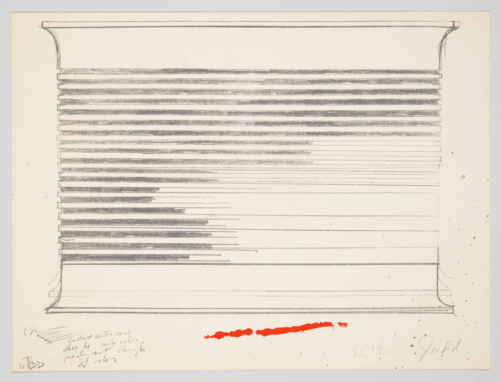 A sketch of horizontal lines resembling a window blind on a piece of paper with handwritten notes and signatures at the bottom. There is a red smudge on the lower left side of the image.