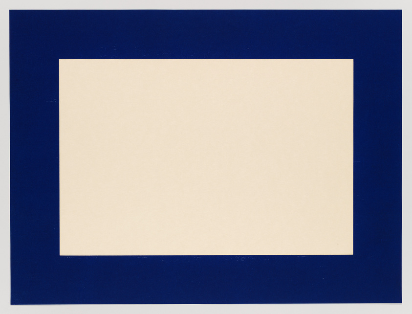 A minimalist artwork featuring a large cream-colored square centered on a dark blue background.