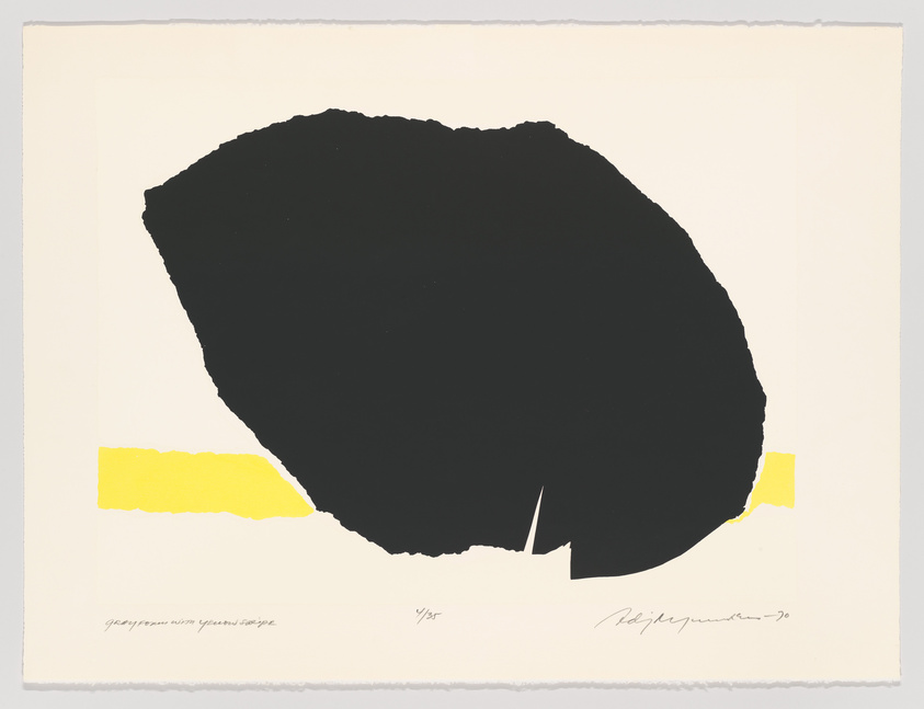 Abstract art with a large black shape and small yellow accents on a white background, signed by the artist.