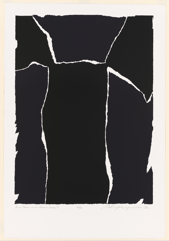 A minimalist black and white abstract artwork featuring a large black area with irregular white borders that create a jagged perimeter around the central shape. The white space resembles cracks or fissures. There is handwriting at the bottom of the artwork, indicating the title, edition, and artist's signature.