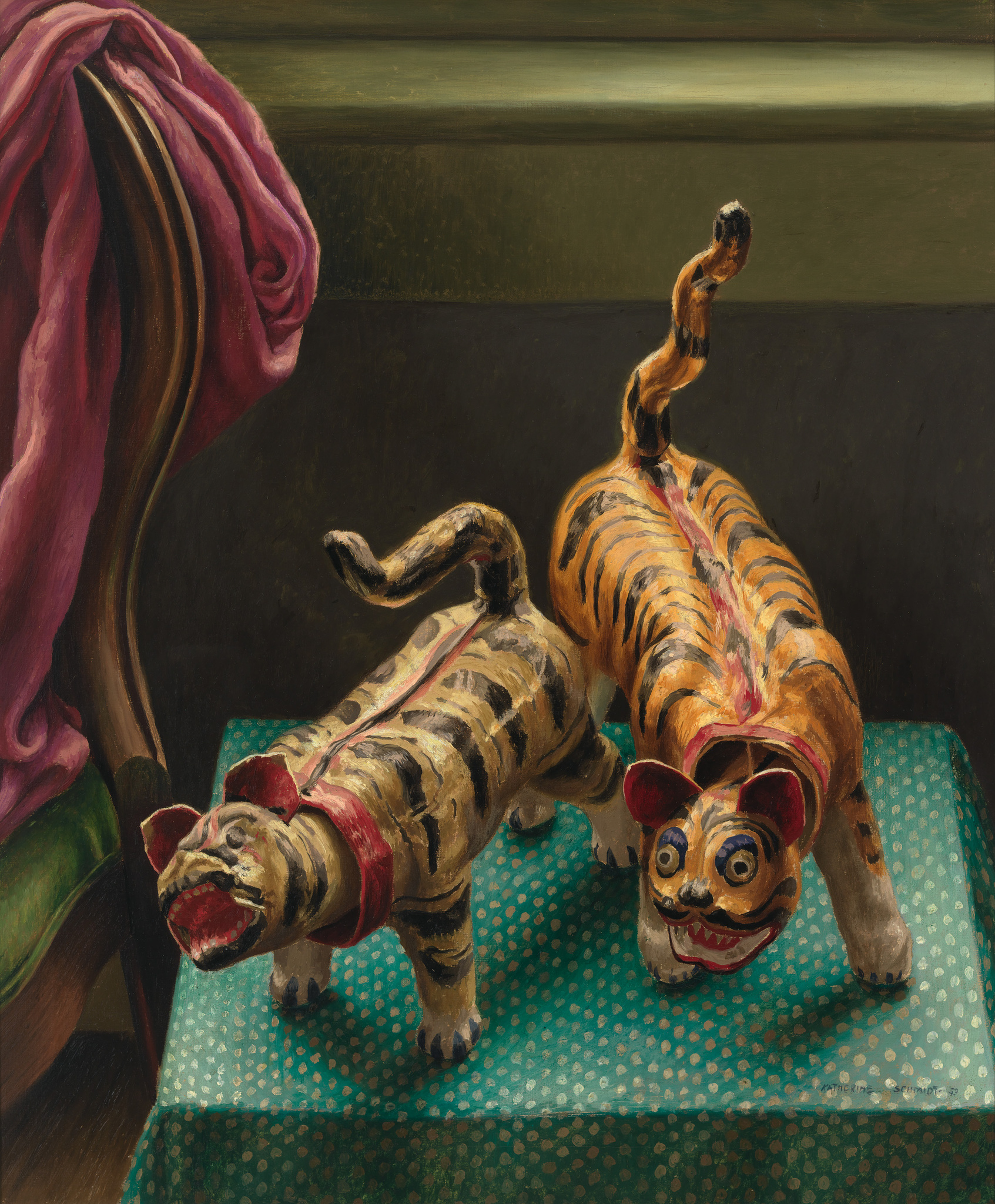 A painting depicting two wooden tiger sculptures with exaggerated features and expressions on a polka-dotted surface, with a draped pink cloth on the left side.