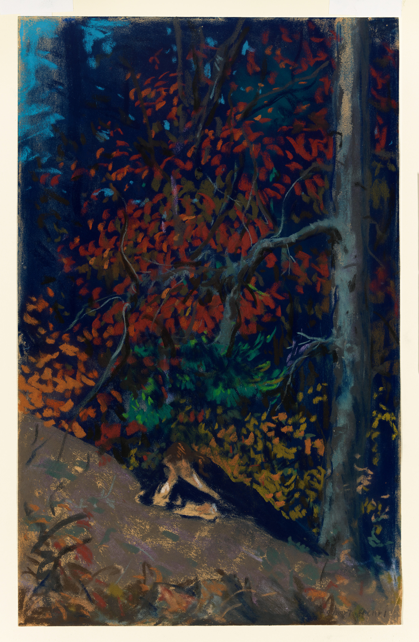 A vibrant pastel drawing depicting a nocturnal forest scene with a large tree trunk on the right and a dense canopy of leaves in fiery autumn colors. The ground is dappled with shades of blue, purple, and hints of yellow, suggesting fallen leaves and the play of light through the foliage. The overall mood is both mysterious and enchanting.