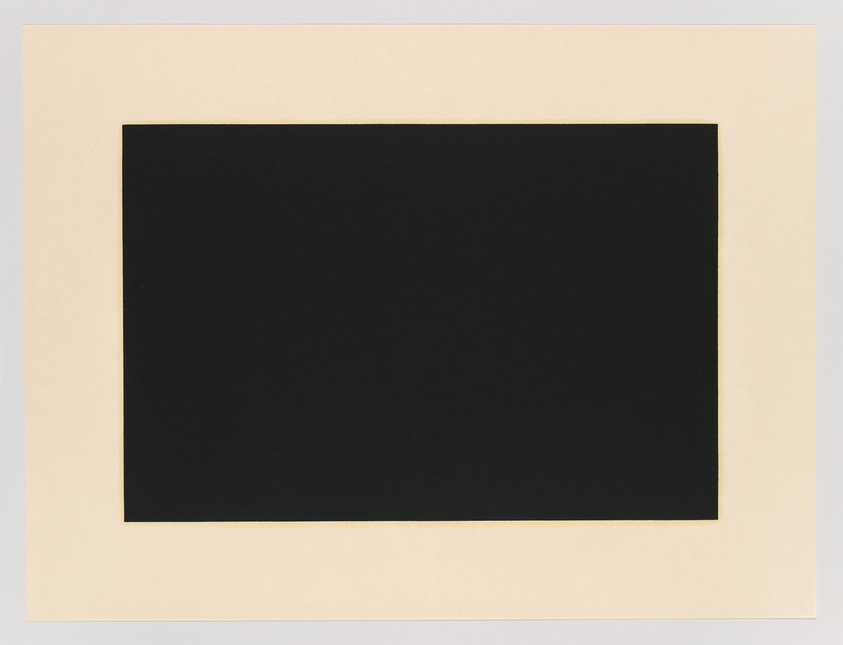 A minimalist artwork featuring a large black square centered on a beige background with a slight texture, possibly a paper or canvas material.