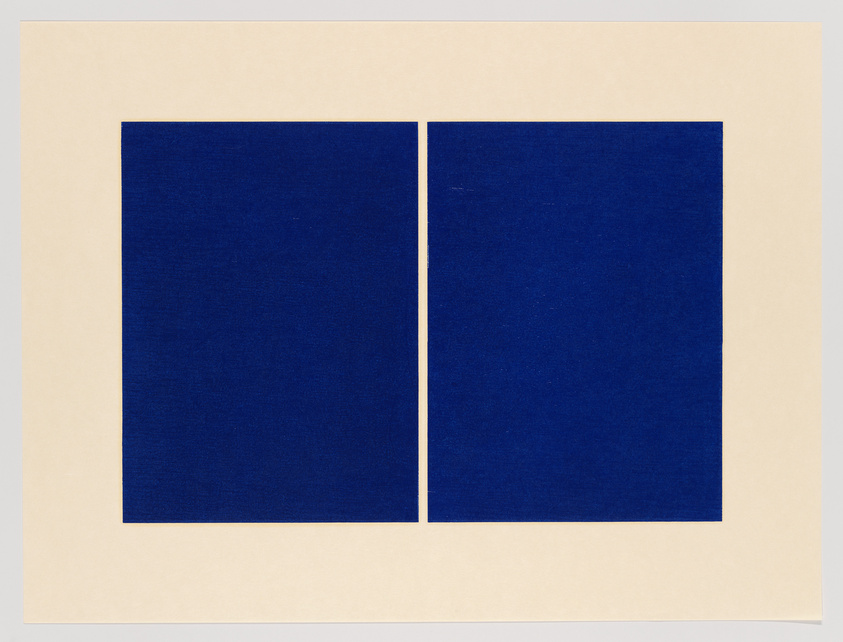 A minimalist artwork featuring two identical deep blue squares side by side on a beige background. The squares are separated by a thin beige line, and the entire composition is centered on the page.