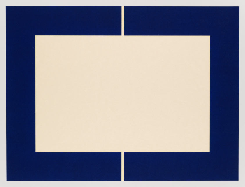 A minimalist artwork featuring a large beige square centered on a navy blue background, creating a border effect with the blue sections appearing at the top, bottom, and sides of the square.