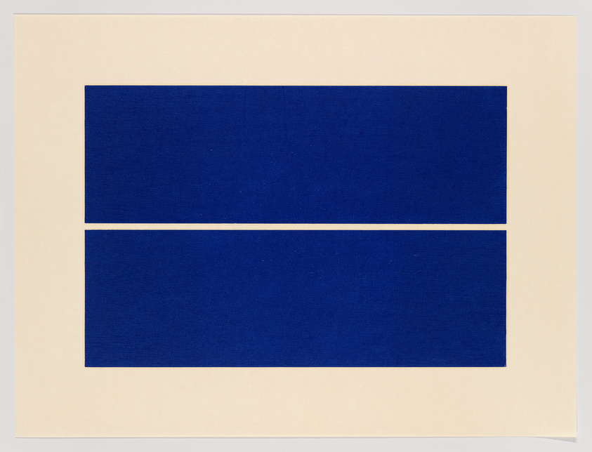 A minimalist artwork featuring two identical horizontal blue rectangles separated by a white space, all set against an off-white background.