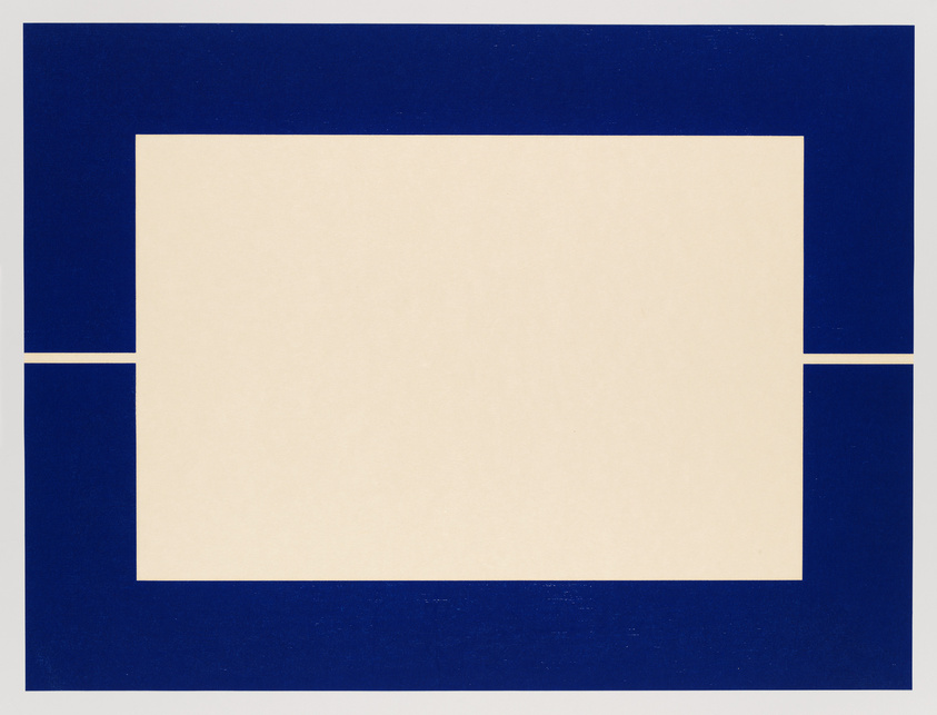 A minimalist graphic artwork featuring a large beige rectangle centered on a dark blue background, with the blue forming a border around the beige rectangle and extending inward at two corners, creating a bold, geometric contrast.