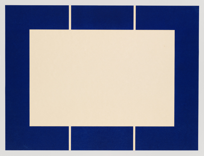 A minimalist artwork featuring a large beige rectangle centered on a deep blue background, with thin white lines creating a border and intersecting the beige rectangle at three points.