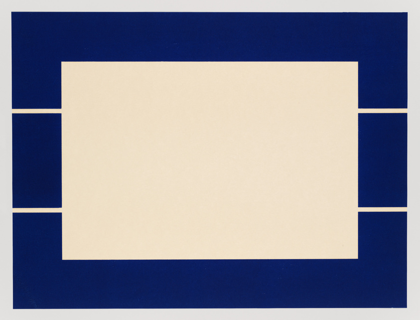 A minimalist graphic artwork featuring a large beige rectangle centered on a deep blue background, with the blue forming a border around the beige rectangle and two smaller rectangles at the top and bottom left corners.