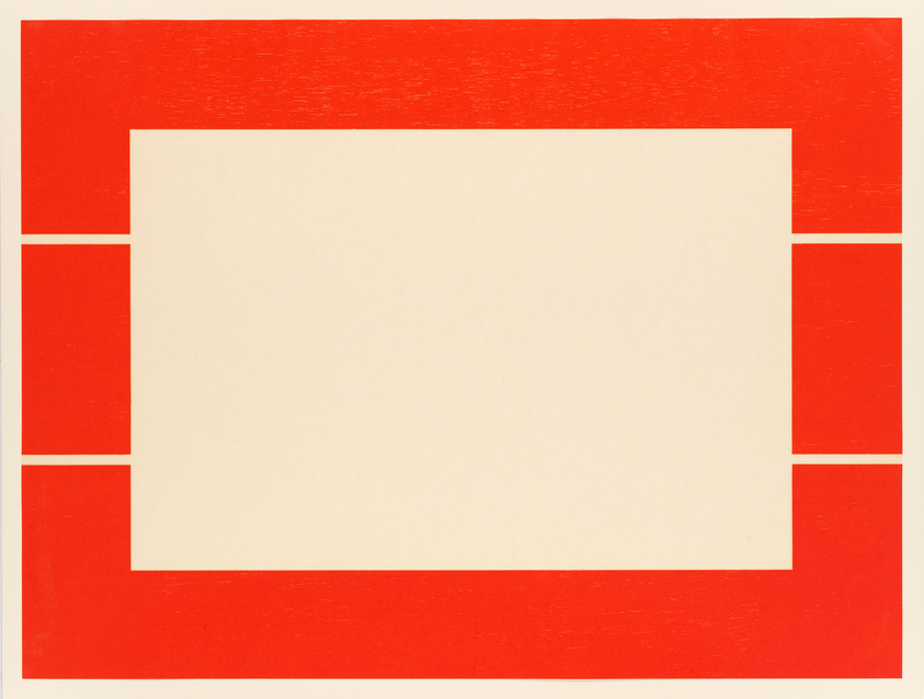 A minimalist abstract artwork with a large central beige rectangle surrounded by a thick red border, which is segmented into blocks at each corner.