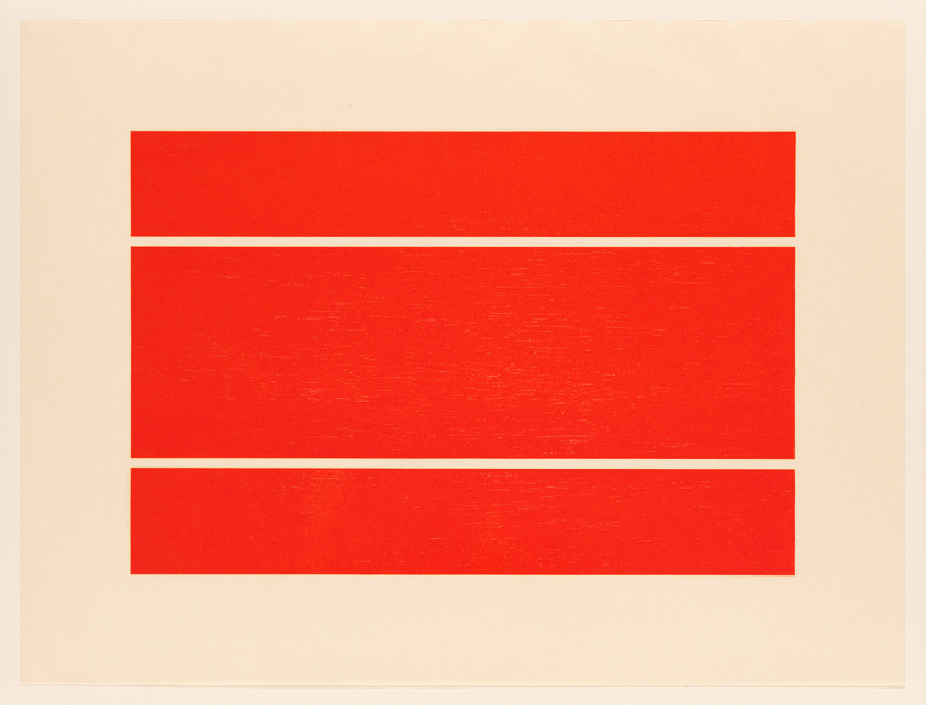 A minimalist artwork featuring three horizontal red bars on an off-white background, with the bars showing a textured appearance suggesting a printmaking or painting technique.