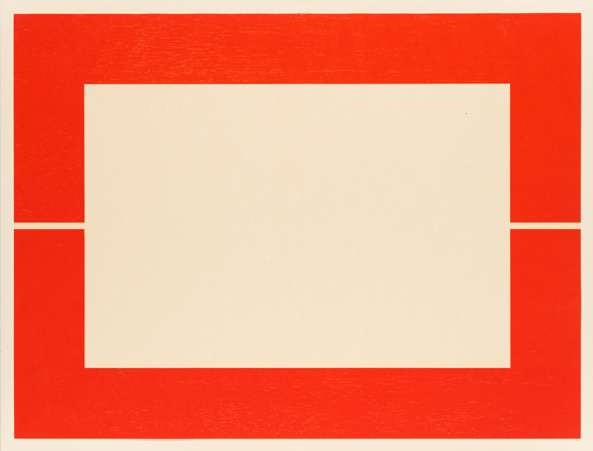 A minimalist abstract artwork featuring a large central beige rectangle surrounded by a bold red frame with a textured appearance. The red frame is interrupted by the central rectangle, creating a sense of depth and geometric alignment.