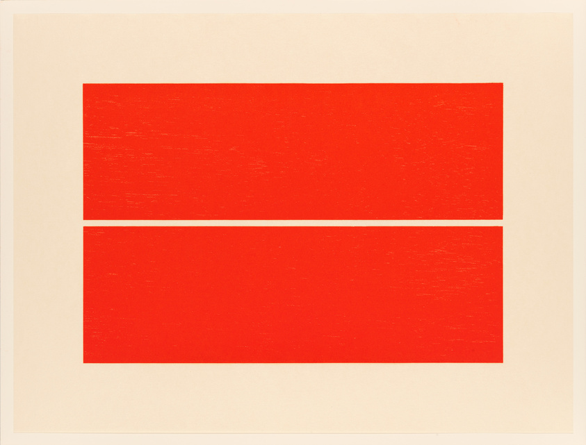 A minimalist artwork featuring two horizontal red rectangles separated by a gap, set against an off-white background. The texture within the red rectangles suggests a printmaking or brushstroke effect.