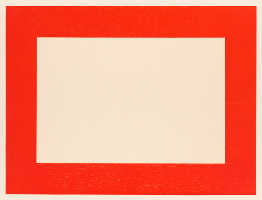 A minimalist artwork featuring a large red border framing a central off-white rectangle on a textured surface.