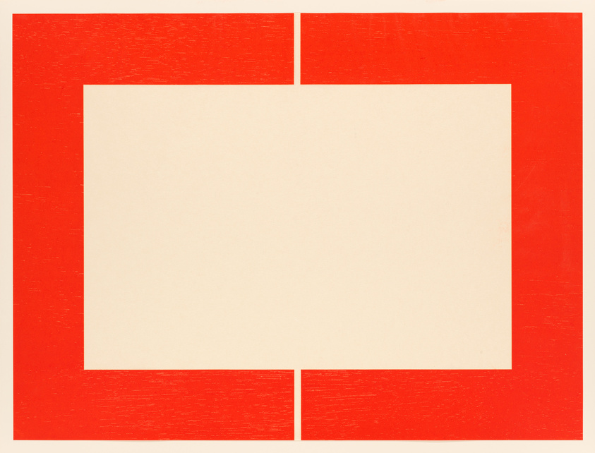 A minimalist artwork consisting of a large red cross on a white background, with the cross not touching the edges of the canvas, creating a central square negative space.