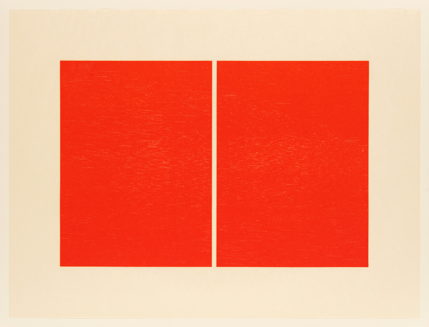 A minimalist artwork featuring two identical red rectangles side by side on a cream-colored background, separated by a thin vertical gap. The texture within the red rectangles suggests a rough, brushstroke-like application of color.