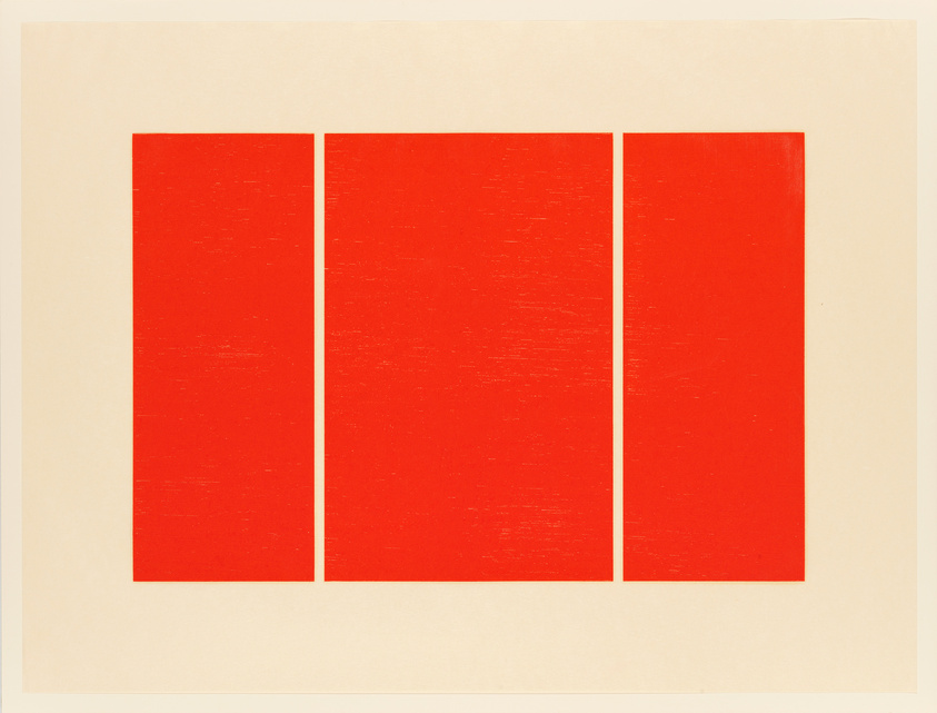 Three vertical red panels on an off-white background, with subtle texture visible on the red surfaces, creating a minimalist abstract artwork.