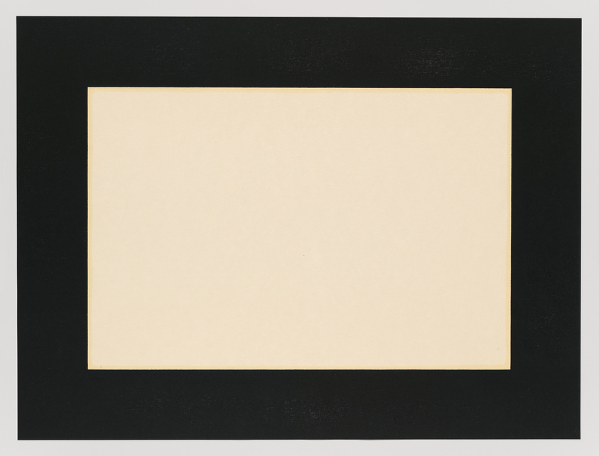 A minimalist artwork consisting of a cream-colored rectangle centered on a black background, creating a stark contrast and a sense of framed emptiness.