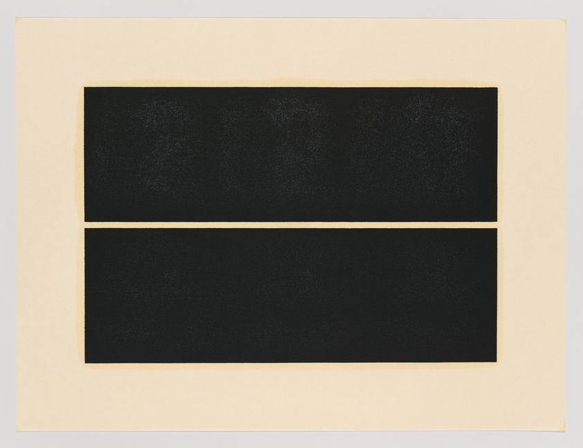 A minimalist artwork featuring two solid black rectangles on a beige background, with the rectangles separated by a thin beige line, creating a sense of two panels or sections.