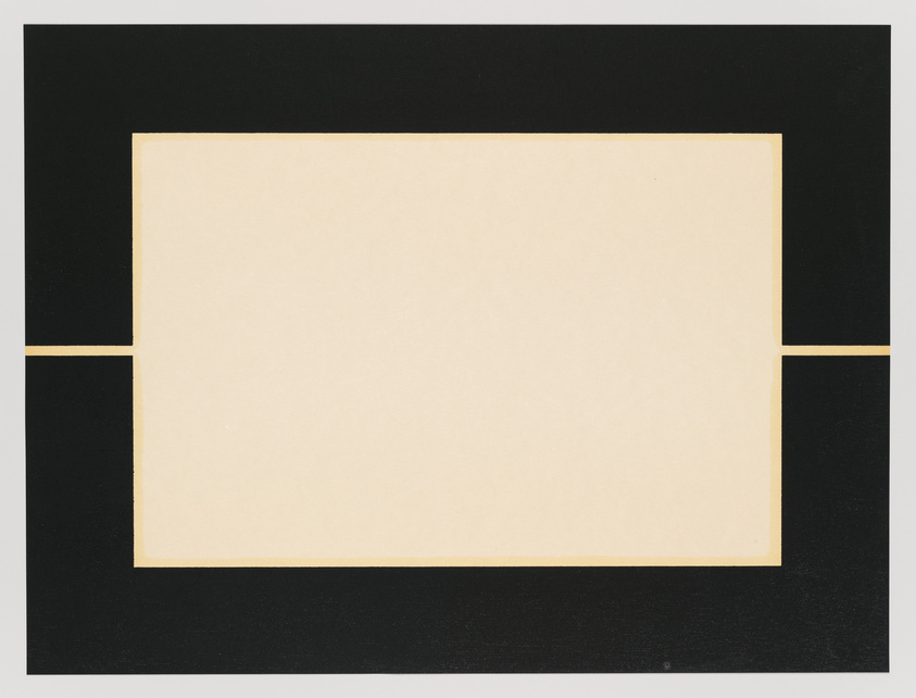 A minimalist artwork featuring a beige rectangle centered on a black background, creating a border effect with the beige rectangle slightly smaller than the black area.