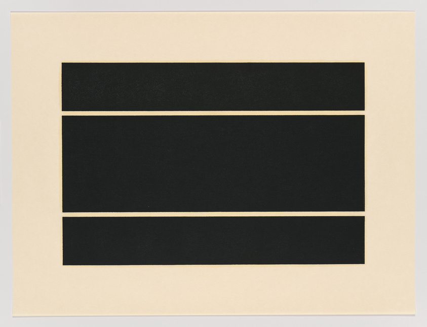 A minimalist artwork featuring three horizontal black bars evenly spaced on a beige background, creating a sense of geometric order and simplicity.