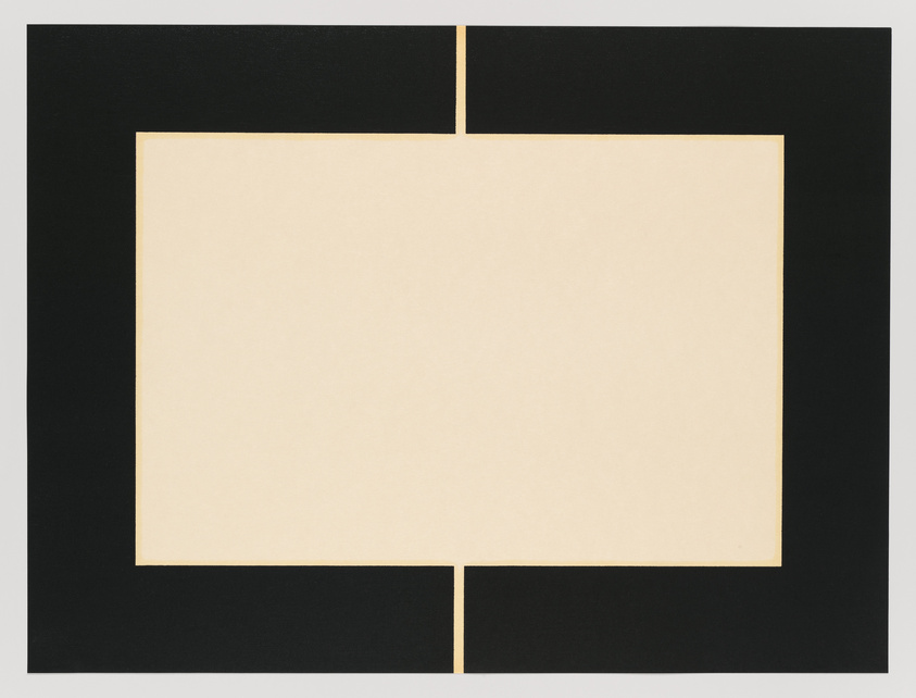 A minimalist artwork featuring a large beige square centered on a black background, with the square bisected by a thin black line that aligns with the edges of the background, creating a cross shape.