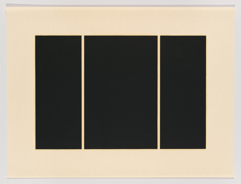 A minimalist artwork featuring three vertical black rectangles evenly spaced on a beige background. The rectangles are identical in size and color, creating a stark contrast with the surrounding lighter shade.