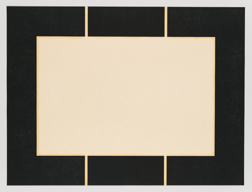 A minimalist artwork featuring a large beige rectangle centered on a black background, framed by thin beige lines that create a border and divide the black areas into four sections.