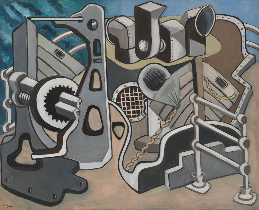 Abstract cubist painting with mechanical elements and geometric shapes in a muted color palette.