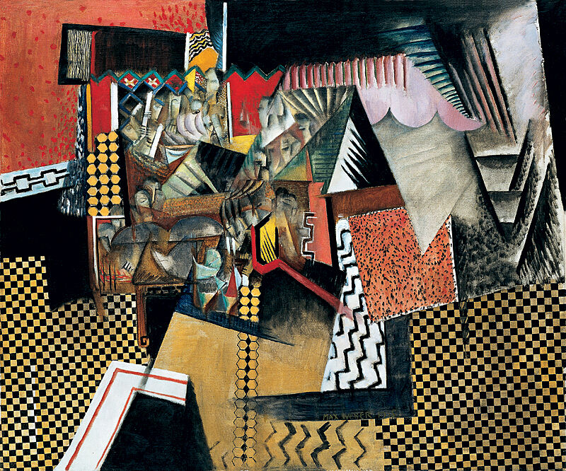 A cacophony of patterns, colors, and forms suggesting furniture and architectural details overlap and intermingle in a jostling cubist composition.