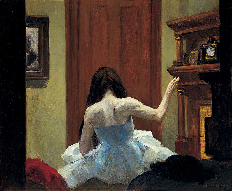 Painting by Edward Hopper. Painting of a woman in dress facing away from the viewer.  