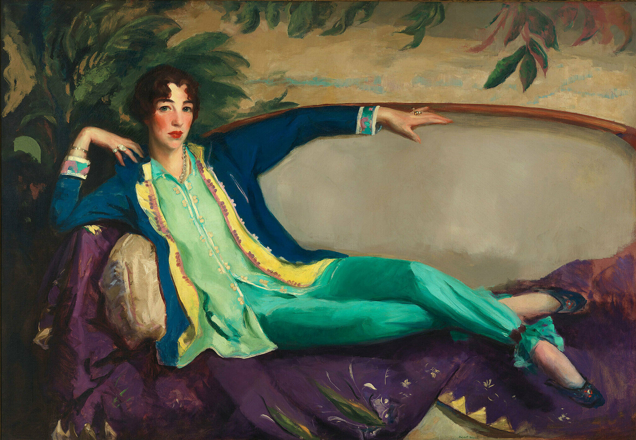 A portrait of Gertrude Vanderbilt Whitney lounging on a couch.