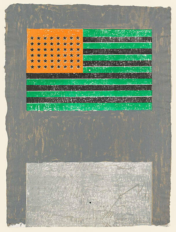 Drawing depicting green, orange, black and gray American flag.